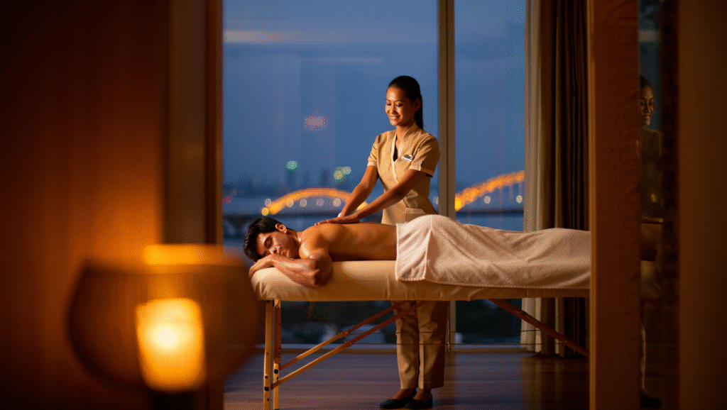 Man enjoying a relaxing Aroma Body Massage at his hotel room in Da Nang